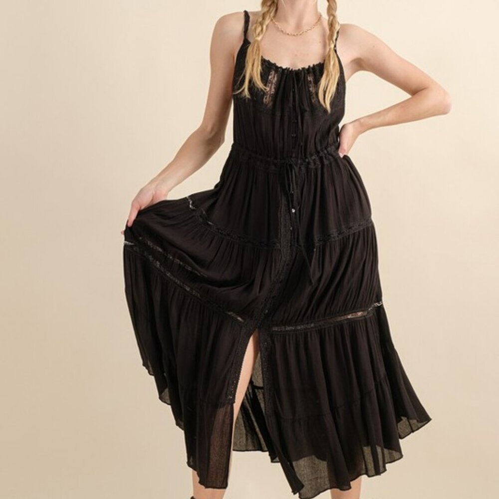 TIERED RUFFLE MAXI DRESS (BLACK) - Picture 2 of 5
